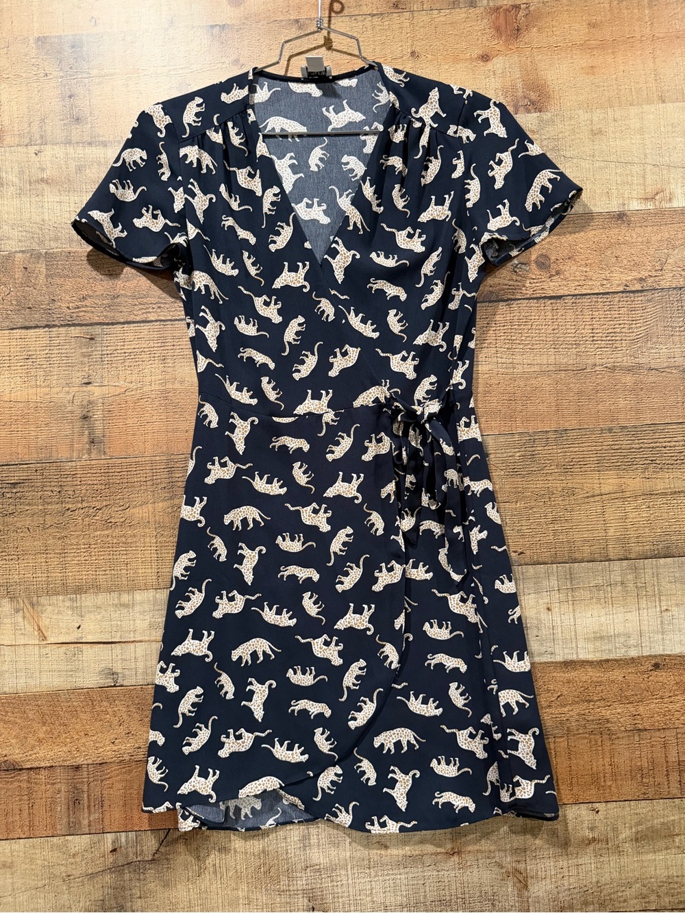 J. Crew Navy Wrap Dress with White Leopard Silhouette Size 2